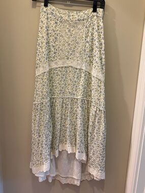 LoveShackFancy Delicate Floral High-Low Skirt in Light Blue and White